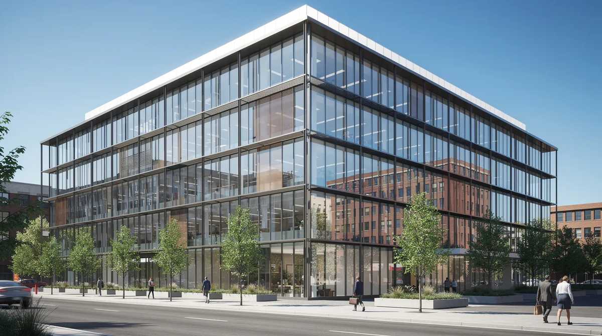 A modern commercial office building with high-performance windows and a reflective cool roof.