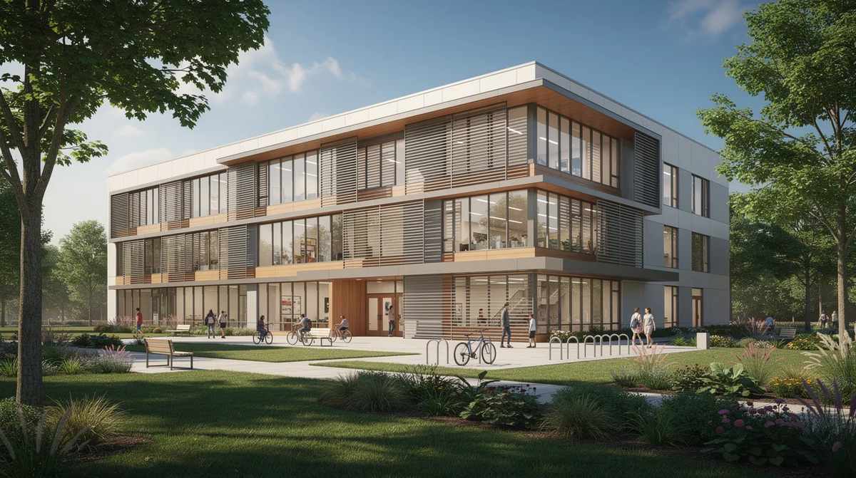 A modern energy-efficient school building with large windows and solar shading elements. This design contributes to a more sustainable future, while potentially qualifying for the 179d tax deduction for energy efficient buildings.