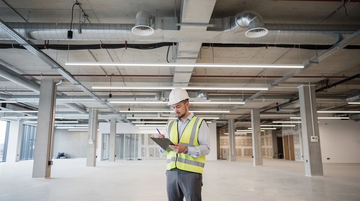 An engineer inspecting the interior of a large commercial building by examining the visible HVAC ductwork and modern lighting. This inspection is crucial for ensuring compliance with energy efficiency standards and may help the building owners qualify for the 179d deduction for architects.