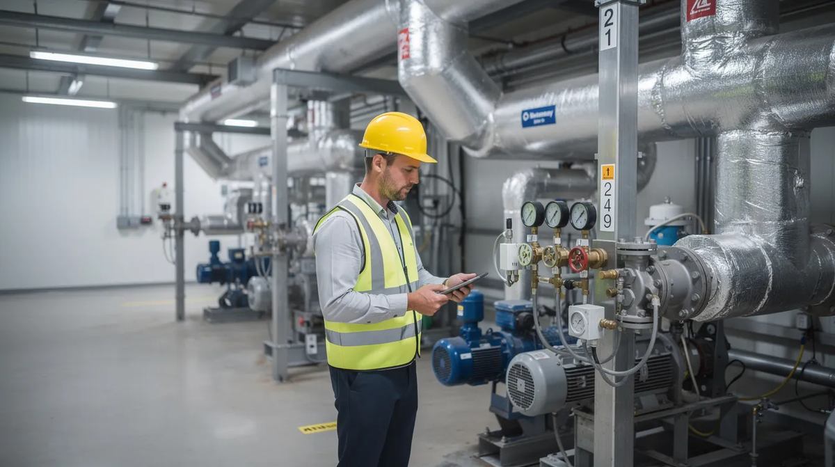 An engineer inspecting mechanical equipment in a commercial building's plant room, ensuring compliance with energy efficiency standards.