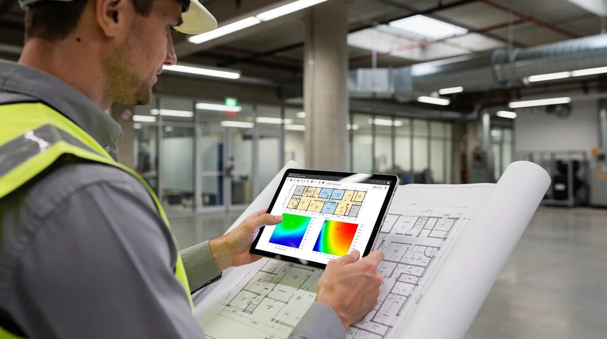 An engineer reviewing detailed building blueprints and an energy model on a tablet inside a commercial facility, focusing on energy efficiency and potential tax deductions for energy efficient commercial buildings.