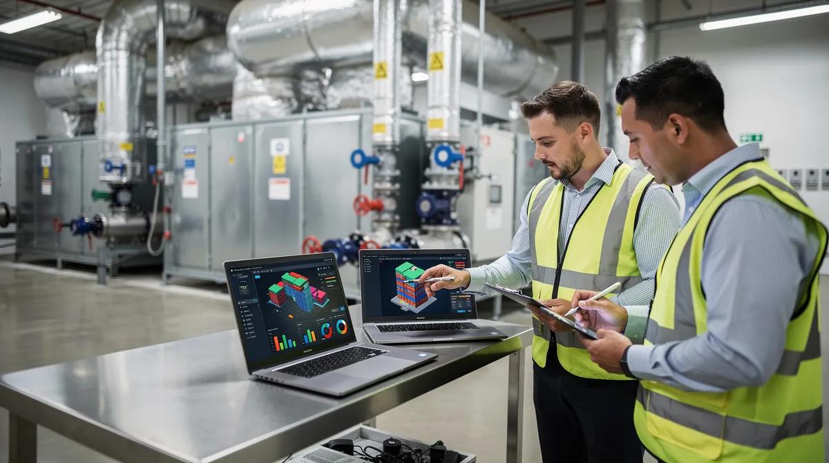 Engineers gathered around laptop screens, analyzing building energy modeling data. Commercial HVAC equipment is visible in the background.