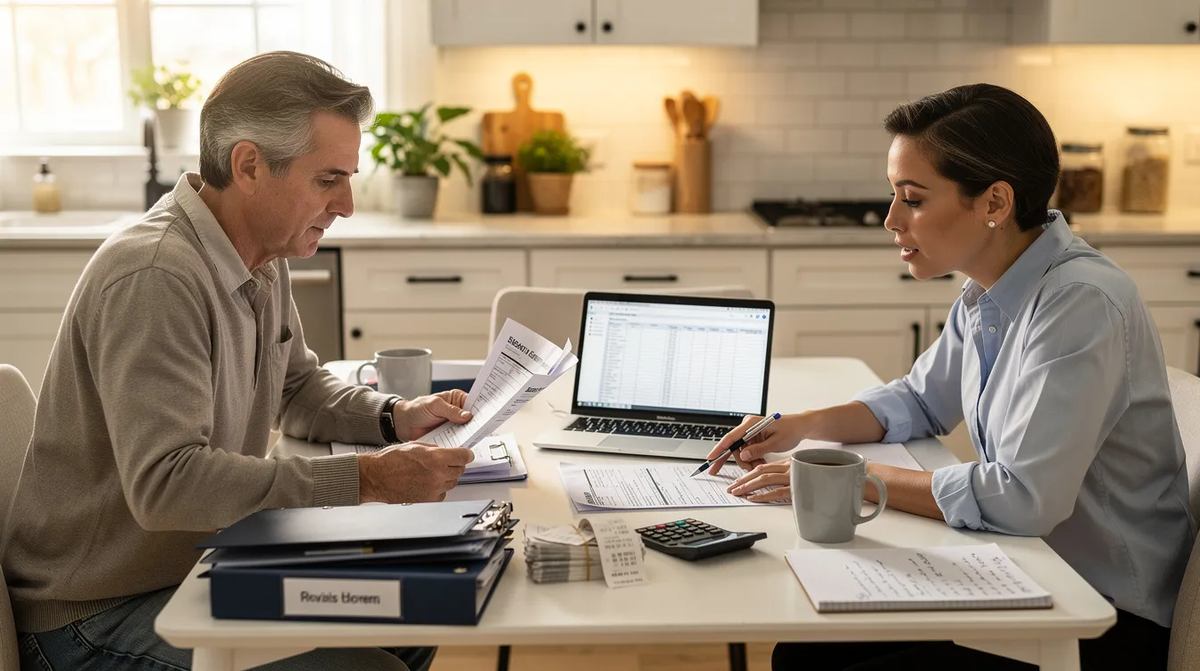 A homeowner sits at a kitchen table with a tax preparer, reviewing tax documents related to energy efficiency improvements and clean energy tax credits.