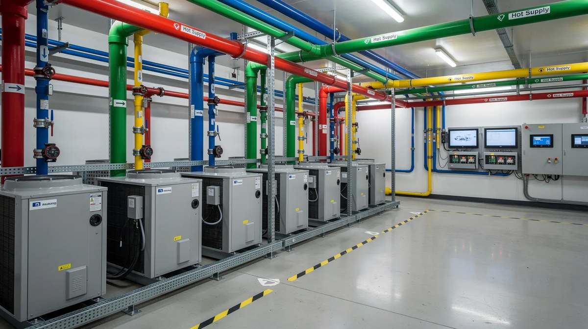 An industrial mechanical room with rows of high-efficiency heat pump units, color-coded piping, and control panels that monitor energy-efficient commercial building systems.