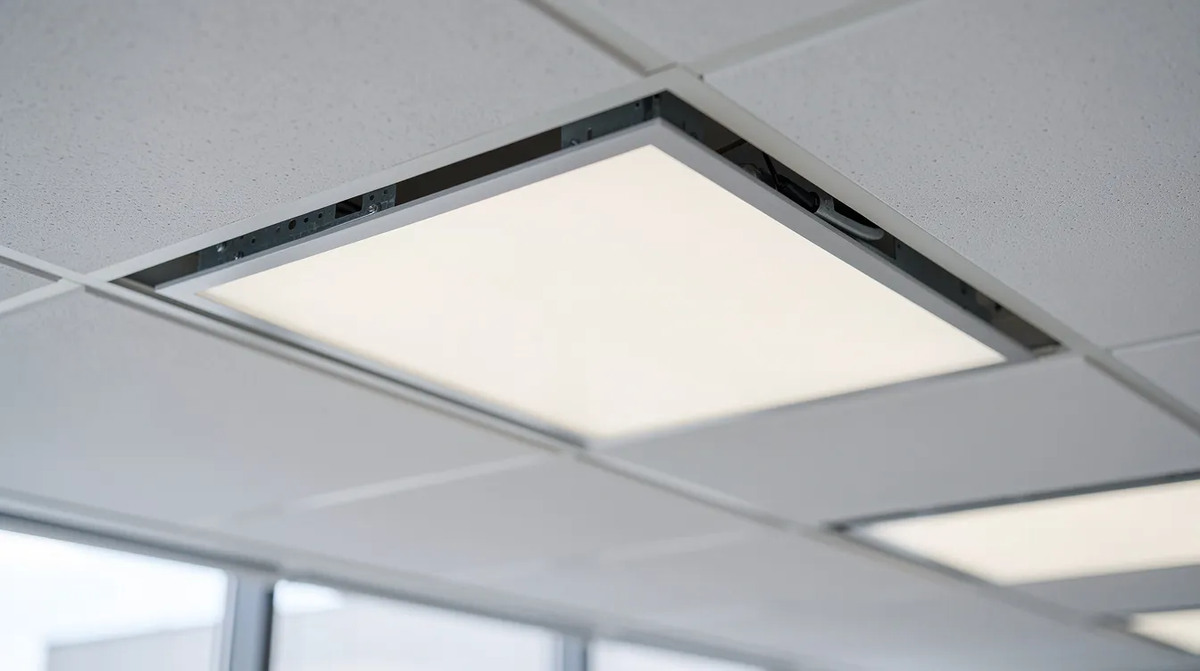 A close-up view of a modern LED panel lighting system installed in the ceiling of a commercial office. This energy-efficient interior lighting system is designed to reduce power costs and promote energy efficiency.