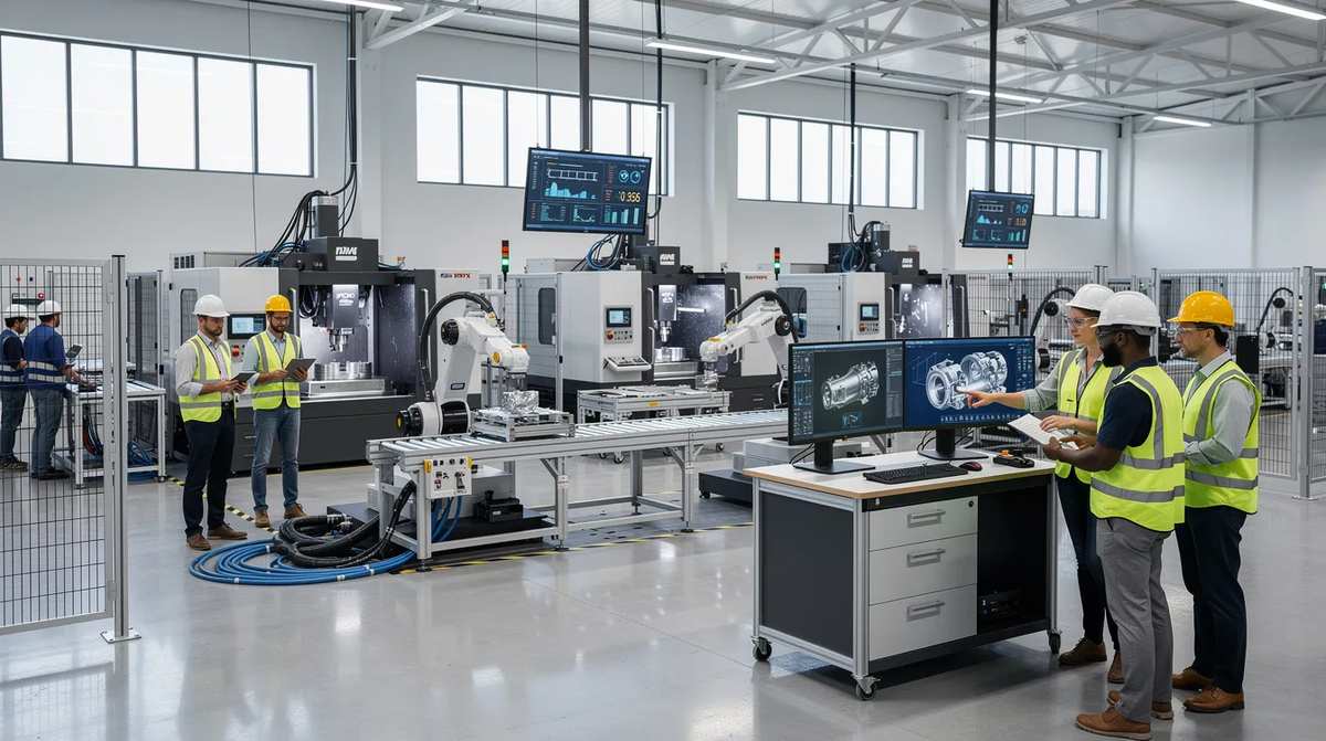 A modern R&D manufacturing floor with advanced automated equipment, where engineers are actively collaborating on product design.