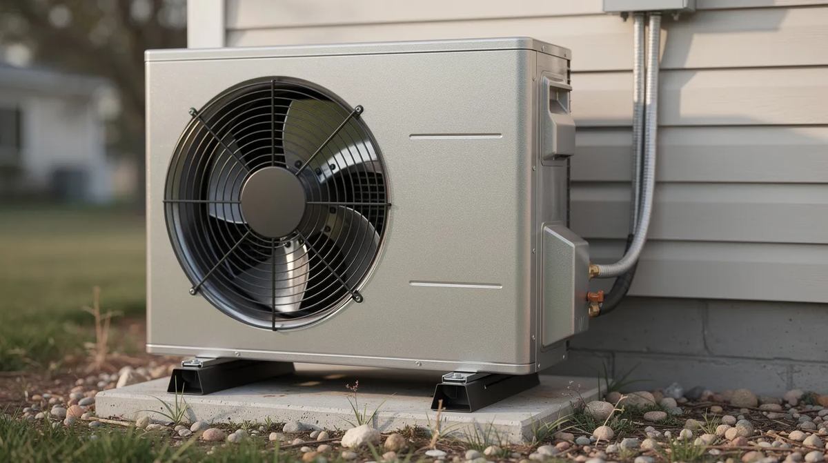An outdoor heat pump unit installed next to a residential home—an energy-efficient solution for heating and cooling. This renewable energy system may be eligible for residential clean energy credits and tax incentives.