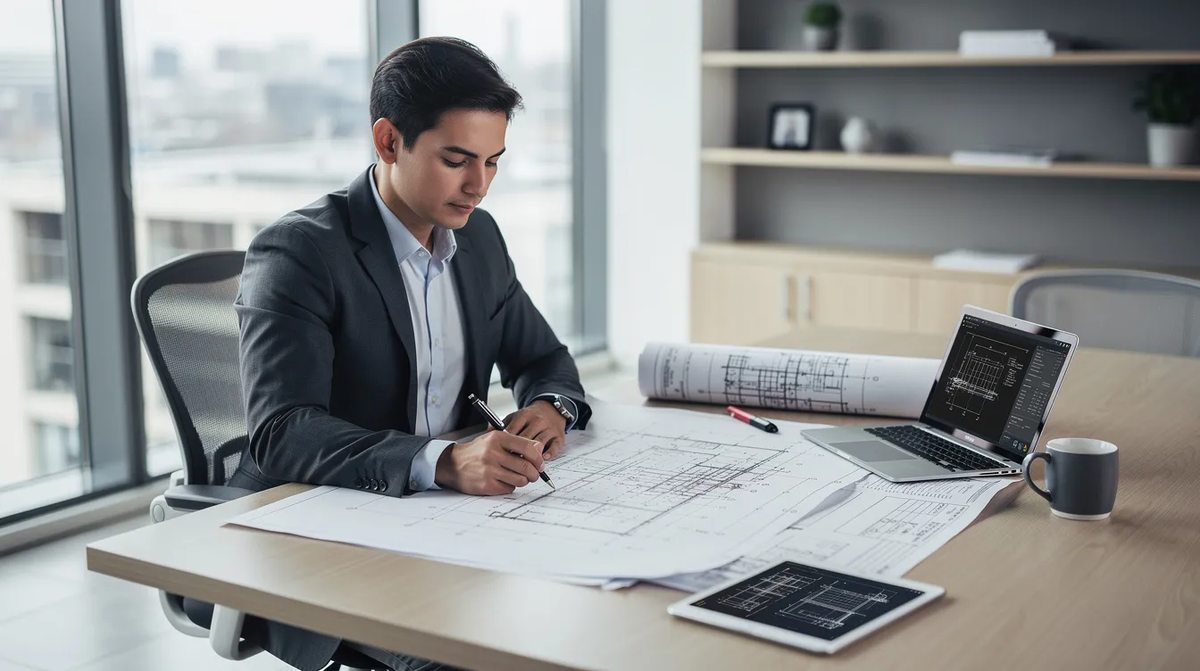 A professional reviewing architectural blueprints and mechanical plans with a focus on energy efficient commercial buildings and the potential tax savings from the 179D deduction for building owners.