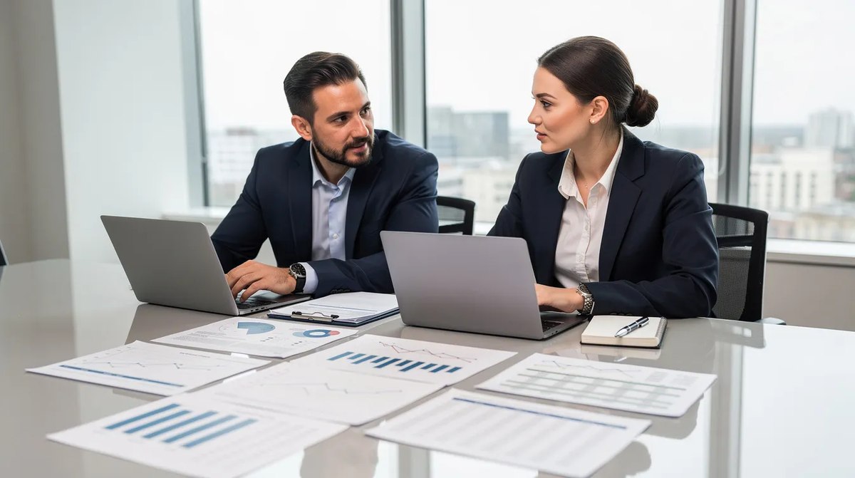 Two professionals at a conference table reviewing financial documents and discussing tax credit consulting services. Their focus is on maximizing benefits for their clients through the entire tax credit process.