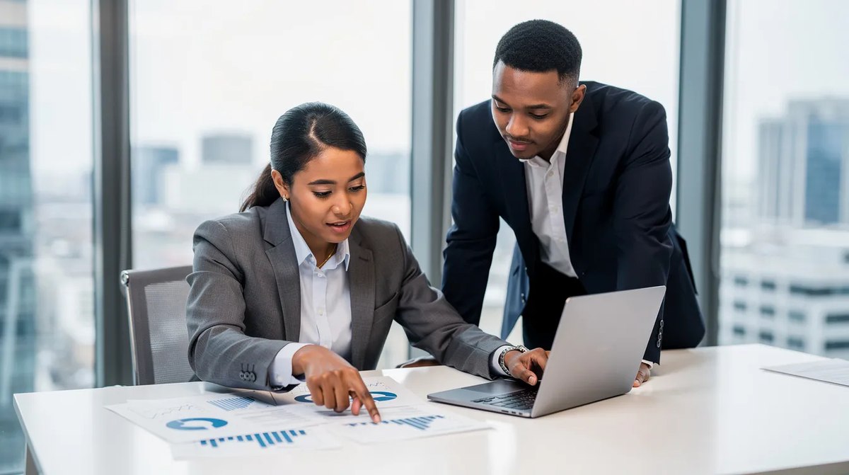 Two professional tax incentive consultants reviewing financial reports on a laptop in a modern office and discussing strategies relating to tax credits and incentives to maximize their clients' tax savings.