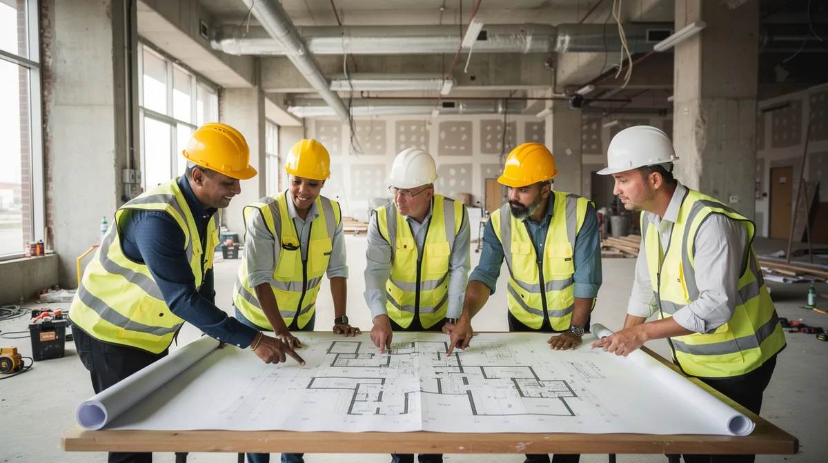 A team of professionals wearing hard hats inside a commercial building under renovation. They are reviewing architectural plans with a focus on energy efficient improvements in order to qualify for tax savings through programs like the 179D tax deduction for energy efficient commercial buildings.