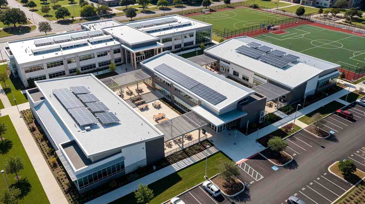 An aerial view of a large public school campus with modern roofing and solar shading elements.