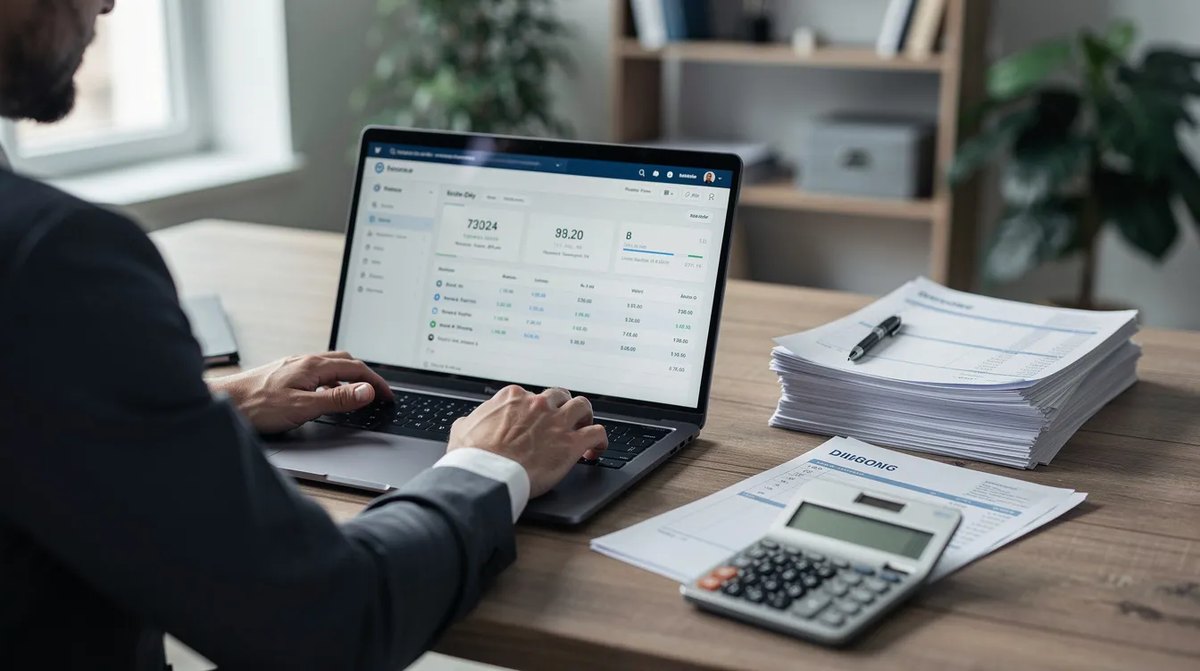A small business owner focused on a laptop and surrounded by a stack of financial documents, exploring business tax incentives to support job growth and economic development for his company.