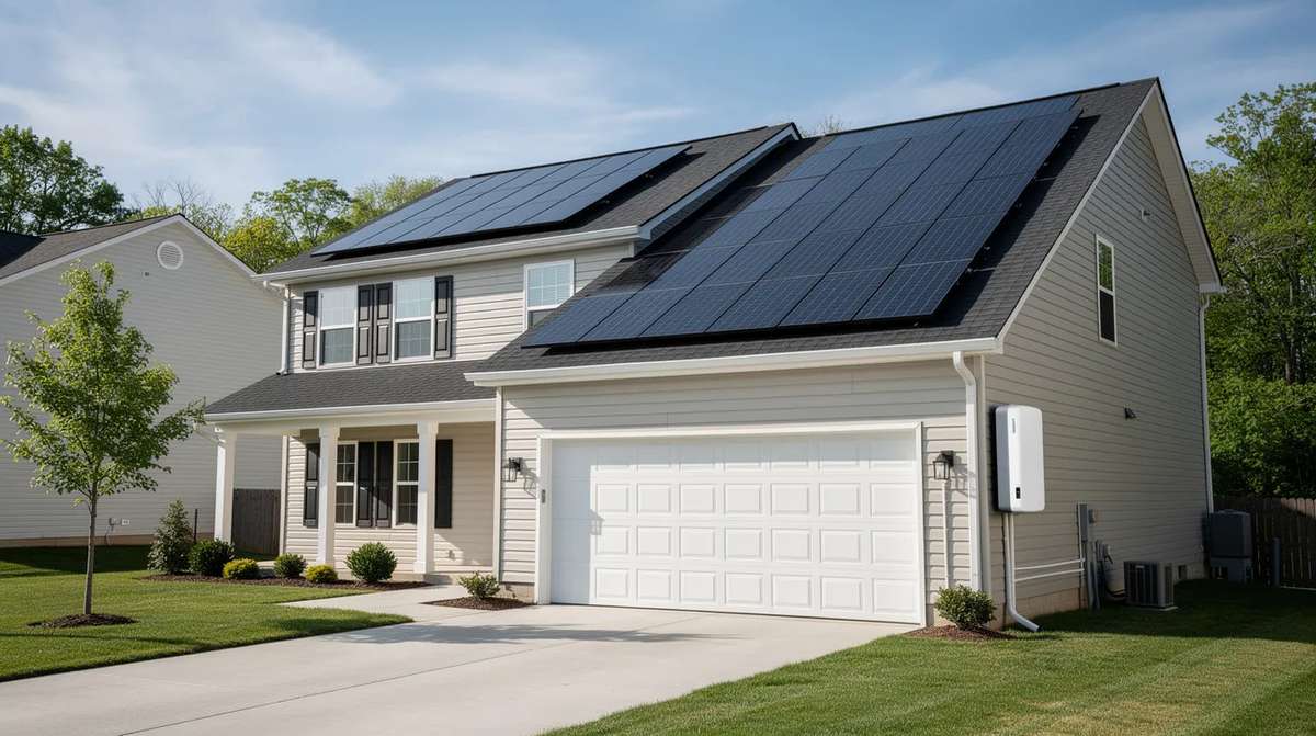 A suburban home with rooftop solar panels and a battery storage unit mounted on the garage wall. This home likely qualifies for clean energy tax credits.