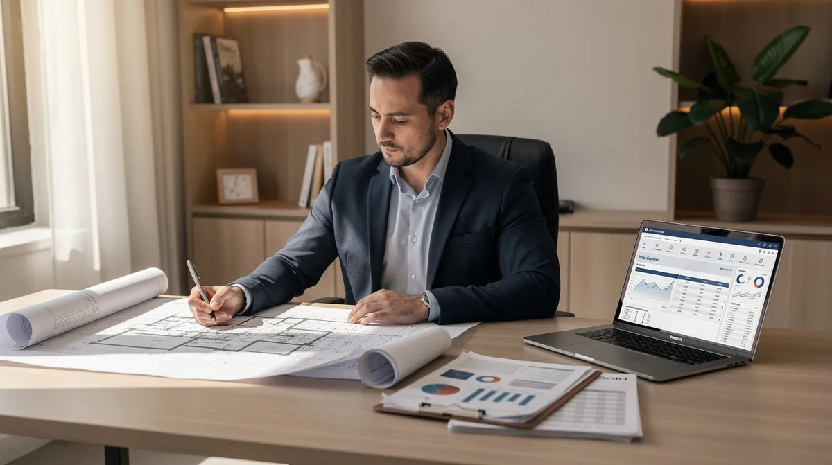 A professional tax incentive consultant reviewing architectural blueprints and financial documents with a focus on maximizing tax benefits for clients.