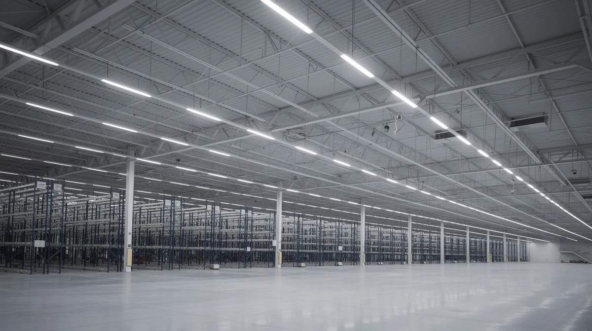 A spacious warehouse interior with rows of modern LED light fixtures mounted on high ceilings, which contribute to energy efficiency and reduced power costs. This design enhances interior lighting systems while potentially qualifying for the energy efficient commercial building deduction.