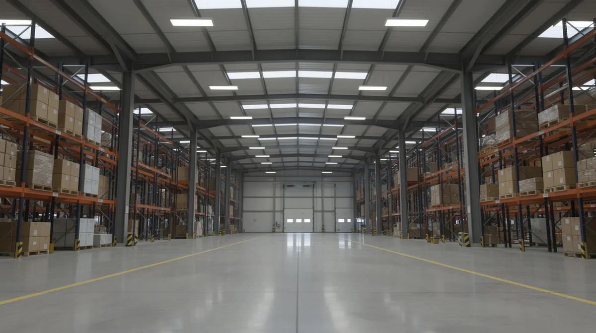 The interior of a spacious warehouse with modern LED panel lighting. These energy-efficient components contribute to lower power costs, and may qualify for a 179D deduction for building owners.