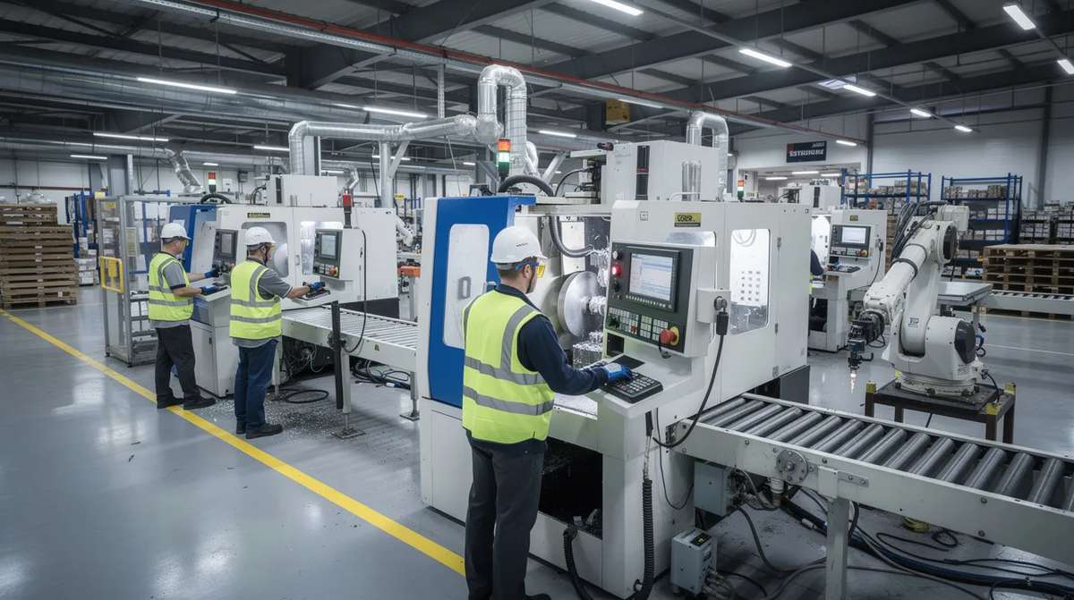Workers operating industrial machinery on a factory production floor, emphasizing job creation and the role of manufacturing facilities in economic development. These employees are engaged in processes that may qualify for various business tax incentives, supporting small businesses and job growth.