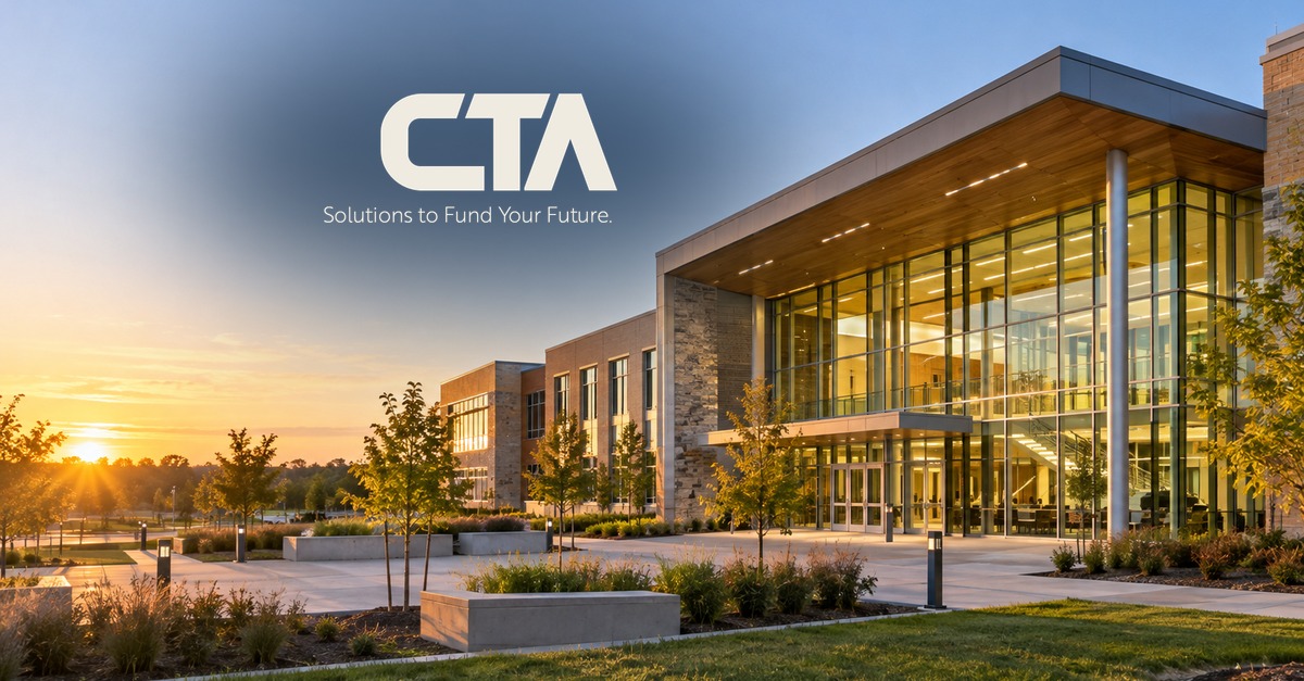 Energy-efficient public school building at golden hour with the CTA logo
