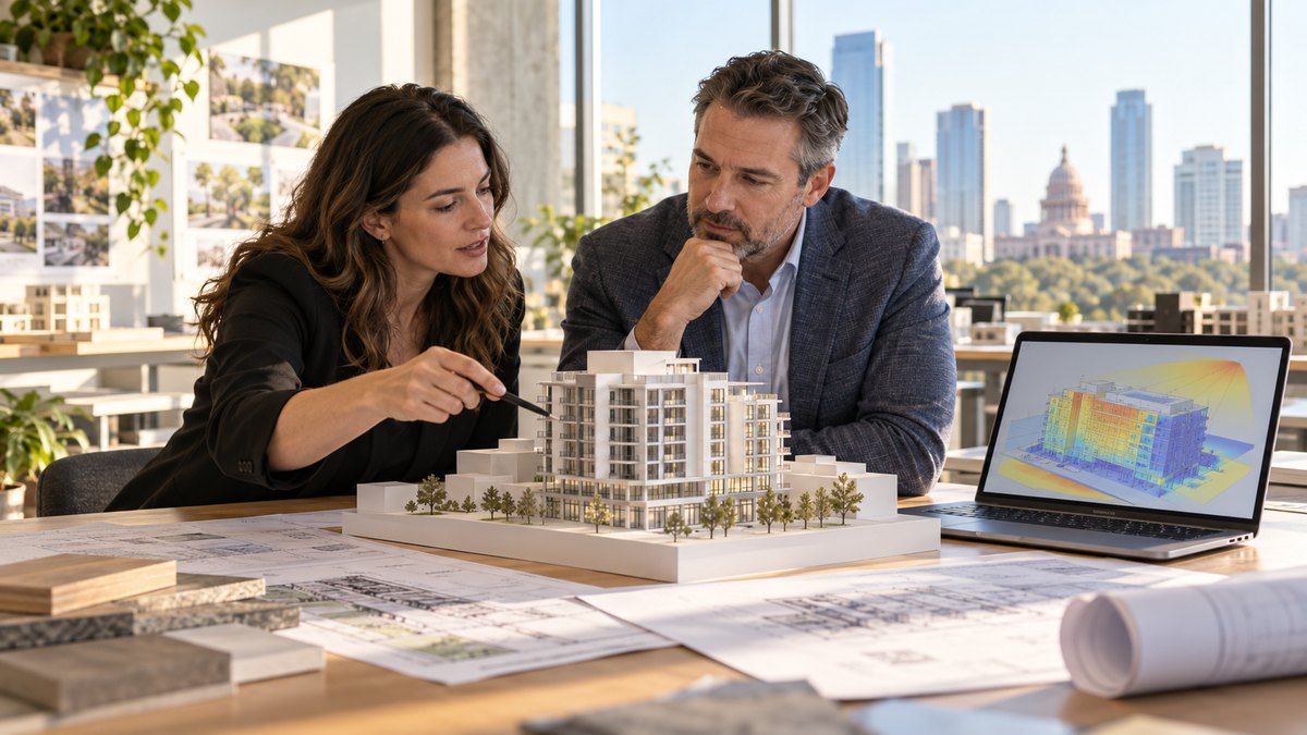 Architect and client reviewing a scale model and an energy simulation in an Austin studio