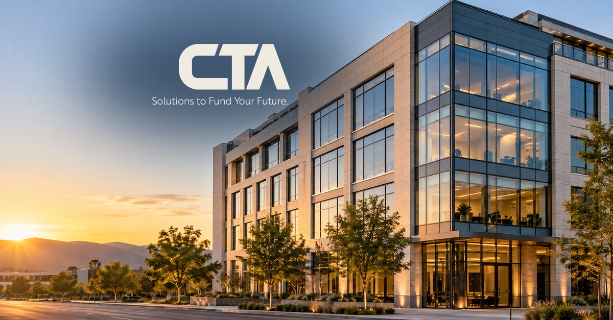 Modern commercial office building at golden hour with the CTA logo