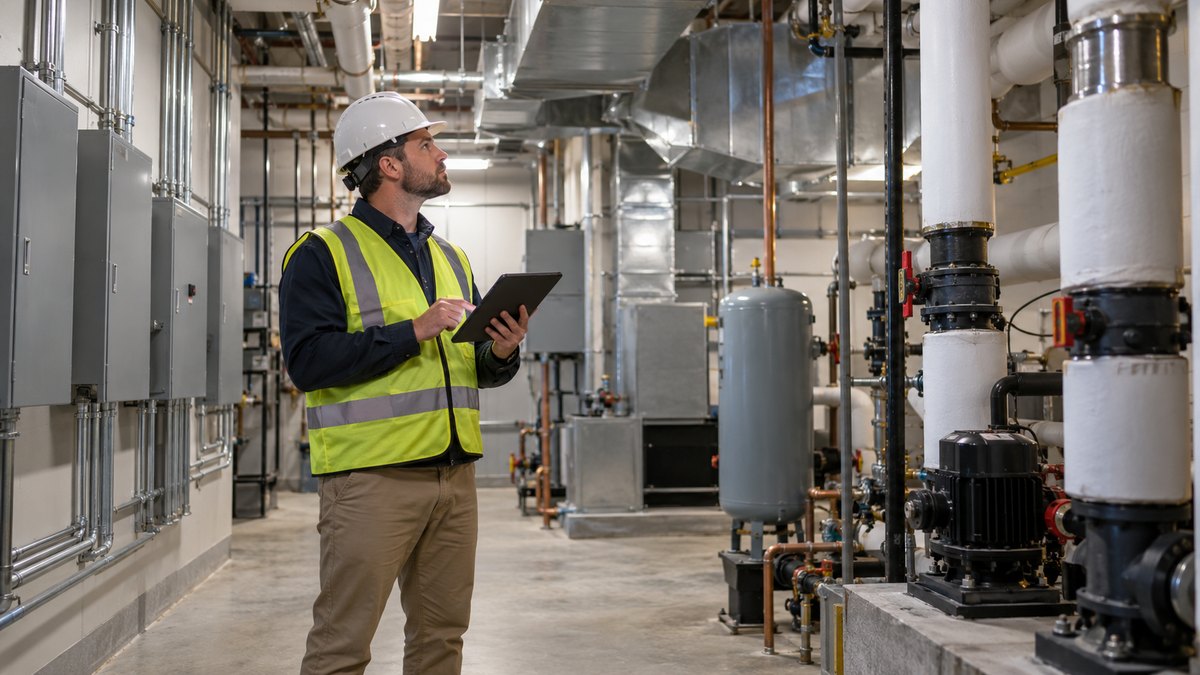 Engineer documenting HVAC and electrical components inside a commercial building