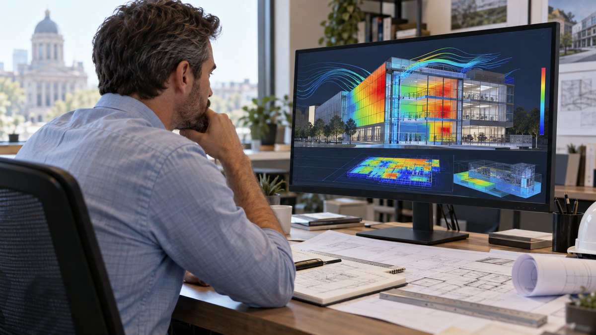Engineer reviewing a building energy model on a monitor