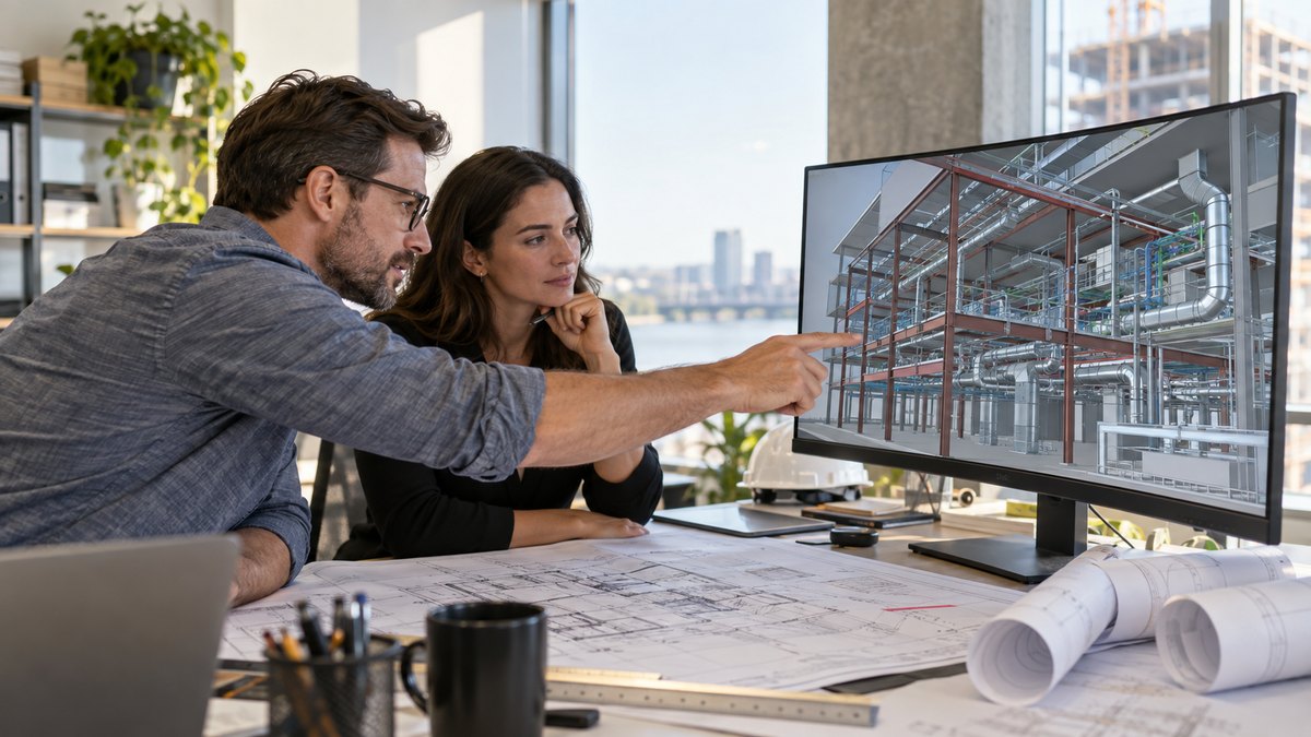 Two engineers reviewing a 3D BIM model of structural steel and mechanical systems