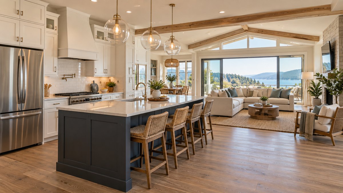 Furnished vacation rental interior with kitchen appliances and furnishings