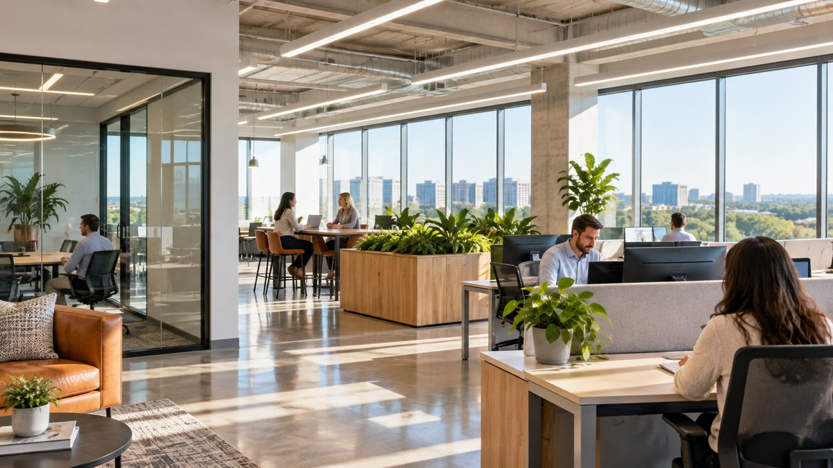 Open office interior with energy-efficient LED lighting