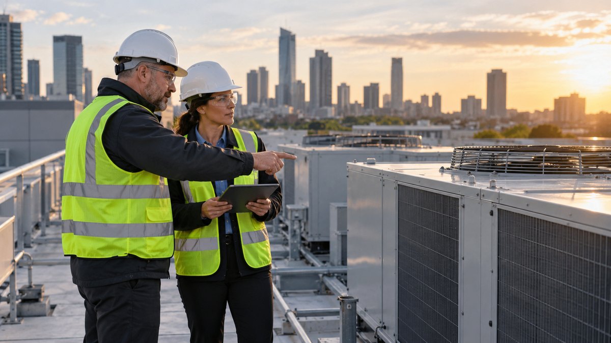 Facility manager and engineer inspecting high-efficiency rooftop HVAC units