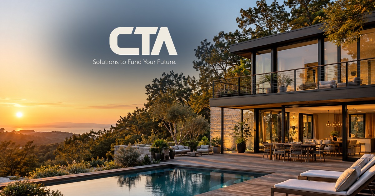 Modern vacation rental home with pool at golden hour with the CTA logo