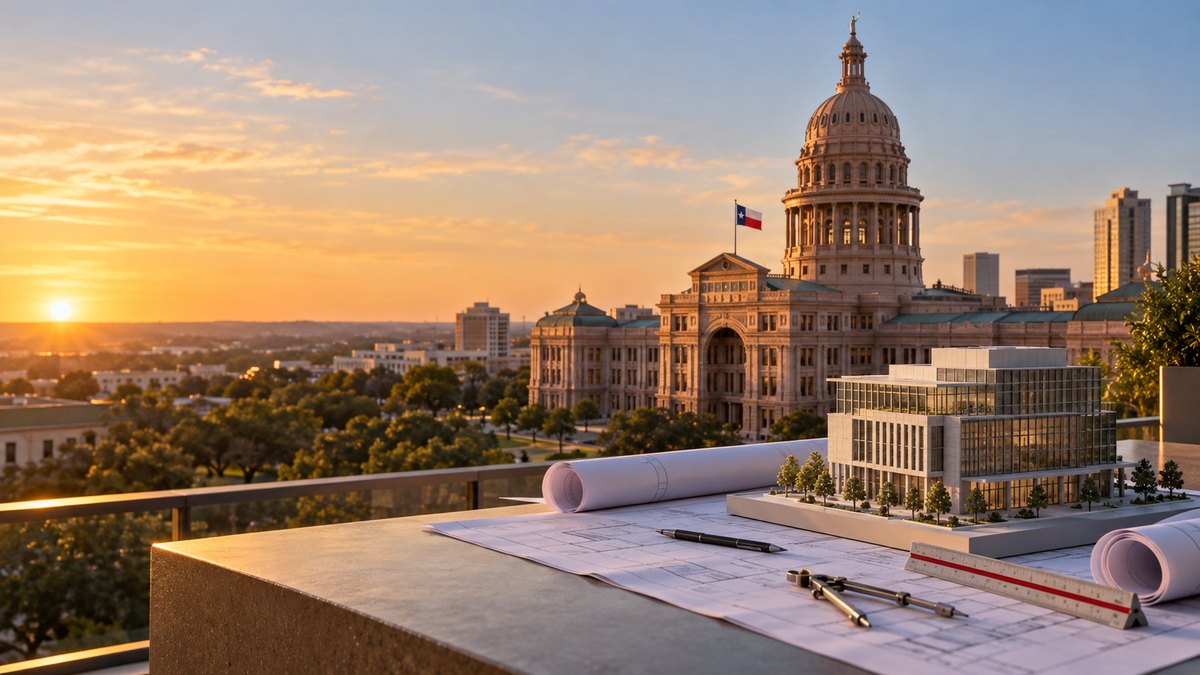 Texas State Capitol in Austin at sunset, with an architectural model and blueprints in the foreground