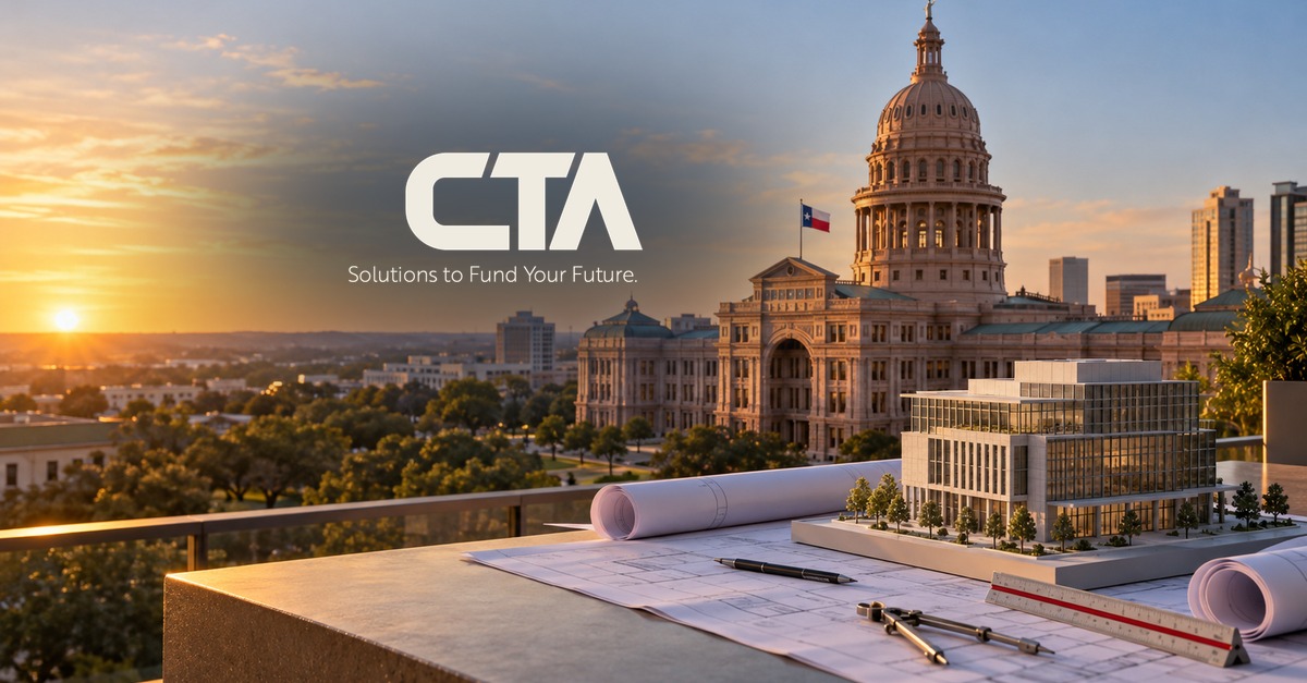 Texas State Capitol at sunset behind an architectural model and blueprints, with the CTA logo