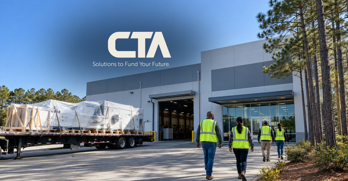 Modern Georgia manufacturing plant with new production equipment arriving on a flatbed, with the CTA logo