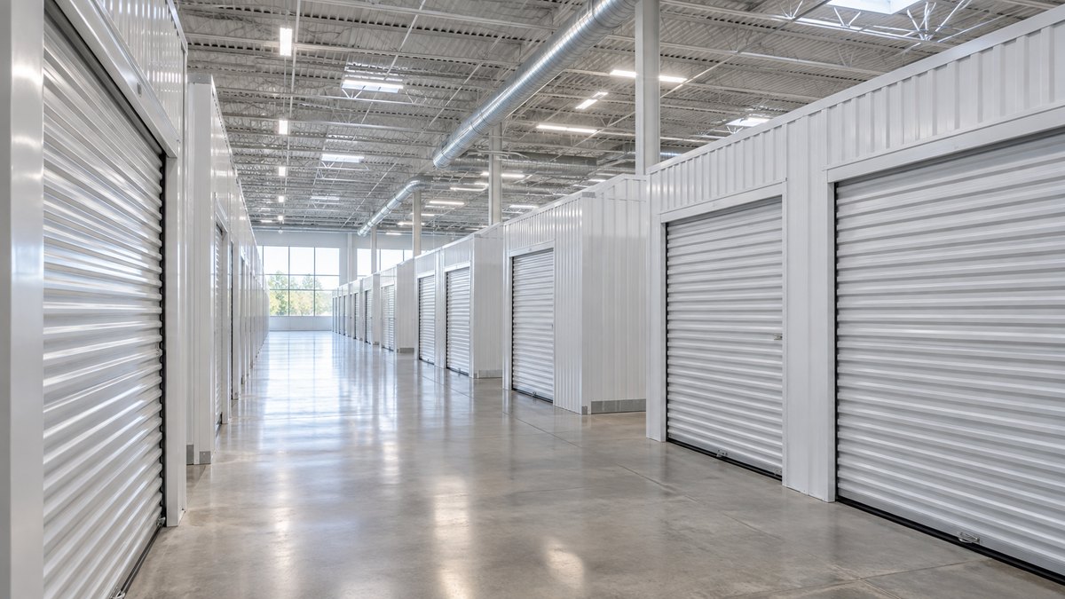 A former big-box store converted into a corridor of climate-controlled interior storage units