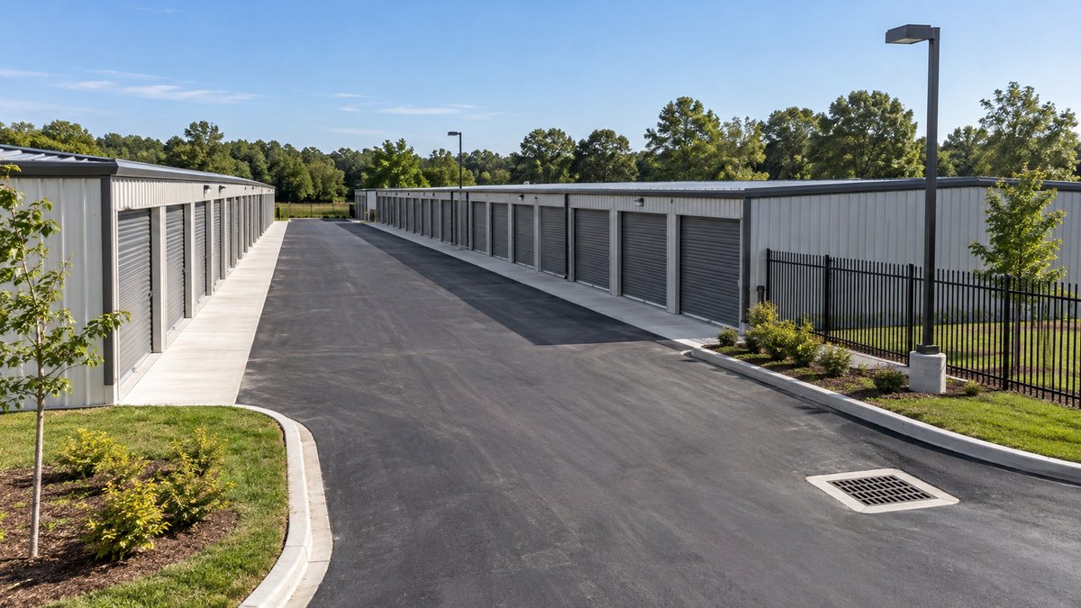 Fresh asphalt drive aisles, curbing, a storm drain, fencing and pole lights between rows of drive-up storage units