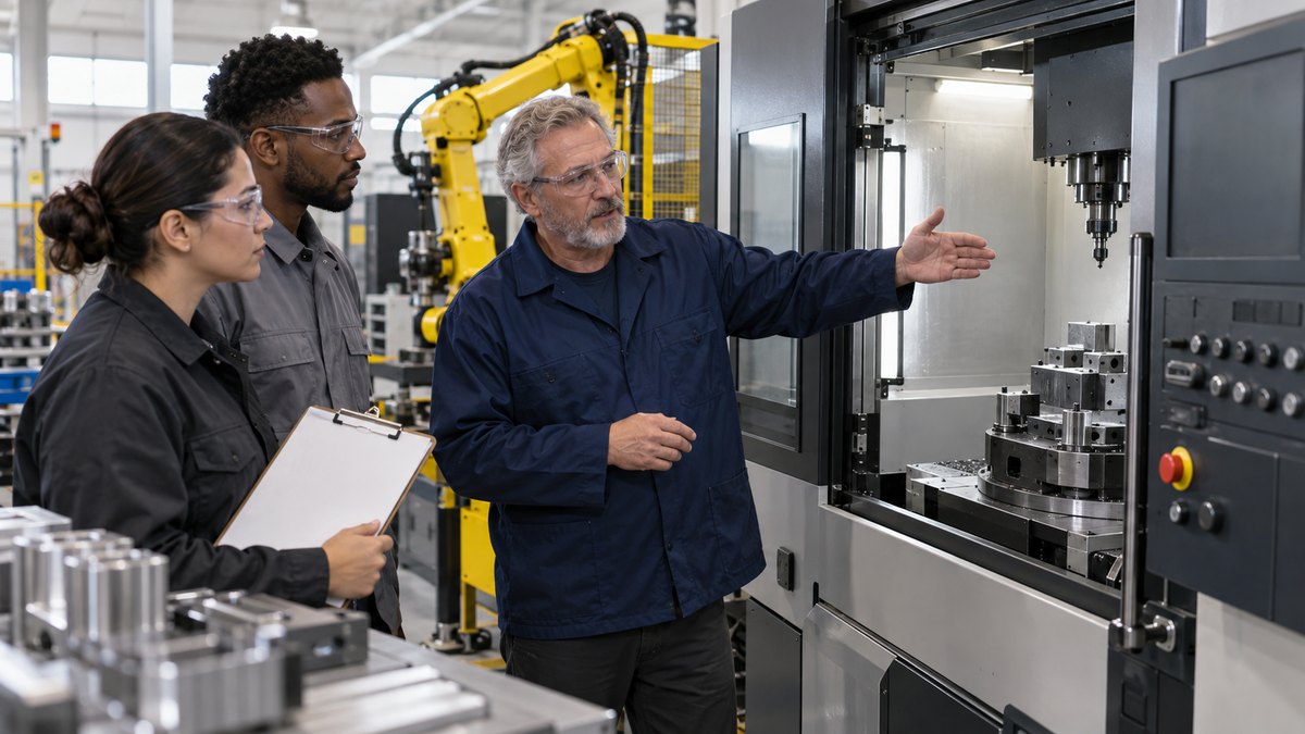 An experienced trainer showing two machine operators how to run a new CNC machining cell