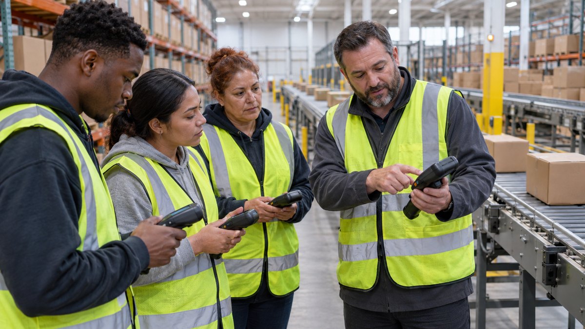 A distribution center shift lead training warehouse associates on new handheld scanners beside a newly installed conveyor line